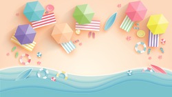 Top view beach background with umbrellas,balls,swim ring,sunglasses,surfboard,
hat,sandals,juice,starfish and sea. aerial view of summer beach in paper craft style.paper cut and craft style. vector.