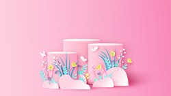 Spring circle stage podium scene decorated with flower, leaves, grass and butterfly flying Spring stage podium. Paper cut and craft style. vector, illustration.