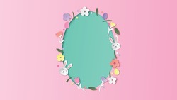 Oval shape frame of Easter decorated with flowers, easter eggs, bunnies and blank space. Happy Easter greeting card. Easter card. paper cut and craft style. vector, illustration.
