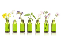 Natural remedies, aromatherapy - bottle. Bottles of essential oil with herbs holy flower.
