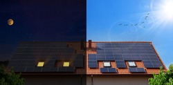 Solar panels on the house during the day and at night - conceptual.