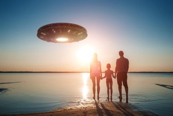 UFO, an alien plate hovering above water, hovering motionless in the air. Unidentified flying object, alien invasion, extraterrestrial life, space travel, humanoid spaceship mixed medium