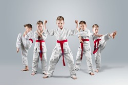 A boy in a kimono in different karate poses on a light background. The concept of karate lesson, a circle for the child, sports education, character