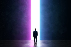Silhouette of a man in a business suit in front of a glowing neon portal, futuristic background, abstract architecture
