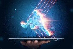 The fiery image of a basketball player cuts out of his smartphone. Creative collage, sports app. Concept for online store, online application, sports betting.