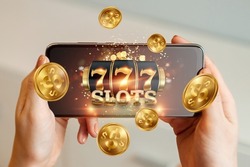 Online casino, smartphone with slot machine with jackpot and gold coins. Online Slots, Lucky Seven 777, Dark Gold Style. Luck concept, gambling, jackpot, banner