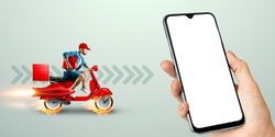 Smartphone in hand and fast delivery man on a red scooter. Delivery concept, online order, food delivery, last mile, banner, template