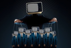 Television zombifies people through propaganda. The puppeteer holds the puppets. Manipulating the crowd with the help of fakes, false information