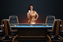 Croupier girl at the poker table, poker room. Poker game, casino, Texas hold'em, online game, card games. Modern design, magazine style