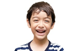 Little happy boy laugh looking at camera portrait