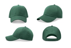 Green baseball cap in four different angles views. Mock up.