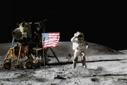 Astronaut on lunar moon landing mission Apollo 11.Astronaut space walk on moon with lunar orbitor spacecraft. Space,science fiction,galaxy & universe wallpaper.Elements of this image furnished by NASA