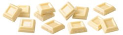 White chocolate squares set isolated on white background. Small pieces. Package design elements with clipping path