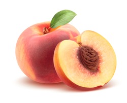 Beautiful whole peach and split isolated on white background as package design element