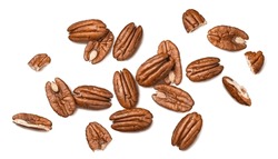 Pecans isolated on white background. Nuts scattered. Top view. Horizontal layout.  Package design element with clipping path