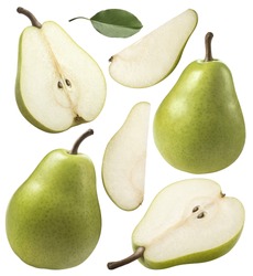 Green pear pieces set collection isolated on white background as pack design element