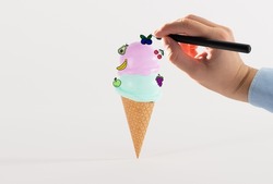 Hand draw fruits and Ice cream in a waffle with ice scoops on a light background. The concept of eating ice cream, cooling down.