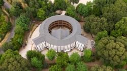 Aerial view of the Globe Theater, a Shakespearean theater in Rome, Italy, faithful replica of the Globe Theater in London, the most famous theater of the Elizabethan period.