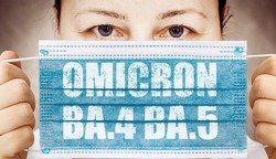 Face masks with inscriptions  Omicron BA.4 BA.5 . Covid 19 alpha, beta, gamma, delta, lambda, mu, omicron variants outbreak around the world.