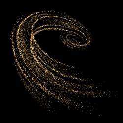 Golden 3d whirlpool, vortex, twist with dynamic particles. Shimmering star dust trail. Vector abstract motion isolated on black background