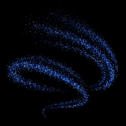 Blue shimmering swirl, vortex or spiral. Isolated abstract motion on black background. Glittering star dust trail. Magic sparkling lines