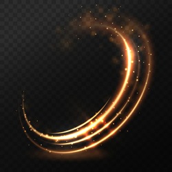 Dynamic golden lines with glow effect. Rotating shining rings. Abstract glittering swirl, wave