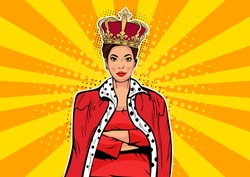 Business queen. Businesswoman with crown. Woman leader, success boss, human ego. Vector retro pop art comic drown illustration.