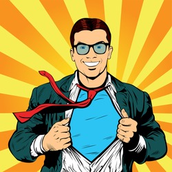 Male businessman superhero pop art retro vector illustration. Strong Businessman in glasses in comic style. Success concept. A grown man in a business suit. 