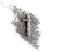 Ash wednesday, crucifix made of ash, dust as christian religion. Lent beginning