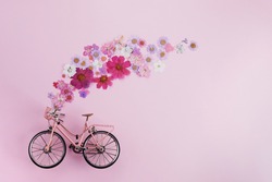 Flowers fly out from pink bicycle bascet on pink background. Romanitic concept for Valentine day, women or mother day.