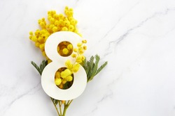 Greeting for International Women's Day on March 8th. Branches of mimosa and number eight.