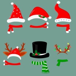 Happy New Year and Merry Christmas. Set of six different hats and scarves with various accessories for the Christmas holiday. Flat style, vector.