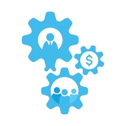 Gearwheel mechanism symbol combined with personnel and dollar icons inside as a gimmick of operational workforce. Business management concept. Vector illustration outline flat design style. 