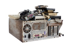 Pile of electronic waste, Rusty old computer cases and obsolete computer hardware such as motherboards and CD-ROMs, floppy disk isolated on white background