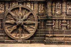 Carved chariot wheel on Konark Sun Temple, Odisha, India	