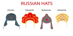 Set of 4 traditional popular russian hats: ushanka, kokoshnik, budenovka. Symbols of russian culture. Souvenir from Russia.