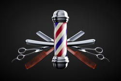 Razor, scissor and comb with pole emblem background concept. Barbershop background concept.