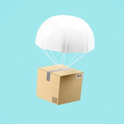 Express delivery box with parachute transportation background concept.