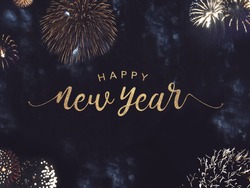 Happy New Year Celebration Text with Festive Gold Fireworks Collage in Night Sky