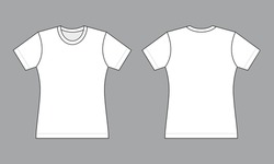 Women's Blank White Short Sleeve T-Shirt Template On Gray Background.Front and Back View, Vector File
