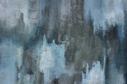 Close up photograph of a hand painted, grungy, abstract painting on paper. Shades of blue, grey, and white. Large contemporary, textured background.