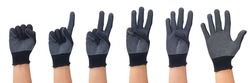 Set of five hands in black glove showing numbers isolated on white.
