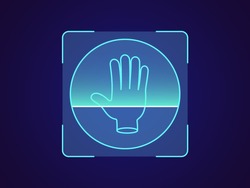 Palm print recognition. Biometric scanning system for human palm, holographic interface of person identification. Hand ID technology. System recognition and verification. Vector illustration