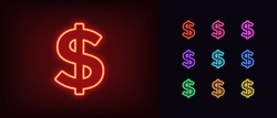 Neon dollar icon. Glowing neon dollar sign, outline money symbol in vivid colors. Online banking and investment, currency exchange. Icon set, sign, silhouette for UI. Vector illustration