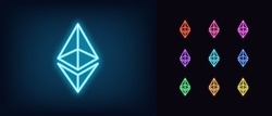 Outline neon Ethereum icon. Glowing neon ethereum sign, cryptocurrency logo in vivid colors. Crypto mining, ether network, digital currency, ETH coin. Vector icon set, sign, symbol for UI