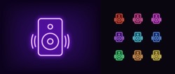 Outline neon music speaker icon. Glowing neon Sound speaker with acoustic waves, loudspeaker pictogram. Audio box, music beats and bass, sound amplifier, disco party. Vector icon set for UI