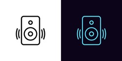 Outline music speaker icon, with editable stroke. Sound speaker with acoustic waves, loudspeaker pictogram. Audio box, music beats, sound amplifier, disco party. Vector icon for UI and Animation