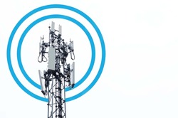 Telecommunication tower with blue wave on white background