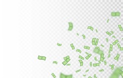 Dollar banknotes falling. Dollars green icon explosion. Money rain border. Winner banner. Cash cartoon sign. Currency collection. Paper bank notes. Jackpot, big win lottery. Vector illustration.