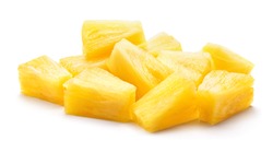 Canned pineapple chunks. Pineapple slices isolated. Pineapple pieces on white background.